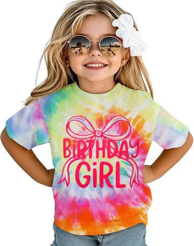 BOUTIKOME Bow Birthday Girl Shirt Toddler Girl Tie Dye T-Shirt 1st 2nd 3rd 4th 5th 6th 7th 8th 9th Kid Bday Party Gift Outfit in Kuwait