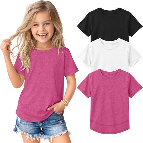 3 Pack Toddler Girls' Short Sleeve T Shirts Crew Neck Curved Hem Tunic Top for Baby Girls Loose Fit Summer Basic Tee in Kuwait