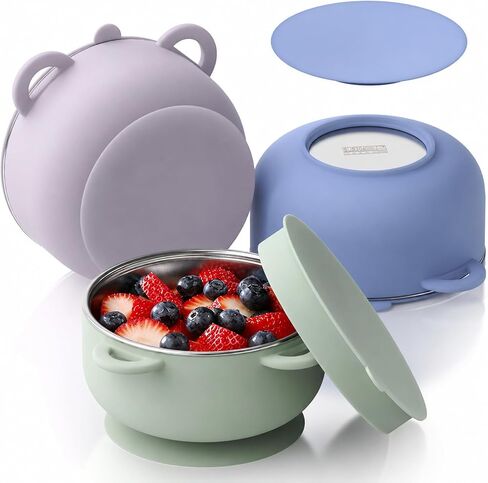 Bakpoco Stainless Steel Toddler Bowls with Suction, Leak-Proof Lids & Removable Silicone Suction Base, Baby Food Containers, 13.5oz Kids Bowls Set for BLW, Snacks, Daycare, 3 Pack Pastel Mist in Kuwait