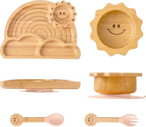 Bamboo Suction Plates Bowls Set for Baby Toddler - Includes Bamboo Bowl, Divided Plate, Silicone Fork & Spoon, All-Natural Baby Feeding Set for Baby-Led Weaning in Kuwait