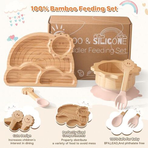 Bamboo Suction Plates Bowls Set for Baby Toddler - Includes Bamboo Bowl, Divided Plate, Silicone Fork & Spoon, All-Natural Baby Feeding Set for Baby-Led Weaning in Kuwait
