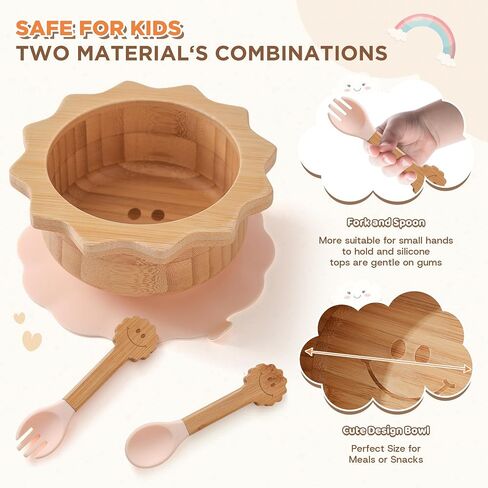 Bamboo Suction Plates Bowls Set for Baby Toddler - Includes Bamboo Bowl, Divided Plate, Silicone Fork & Spoon, All-Natural Baby Feeding Set for Baby-Led Weaning in Kuwait