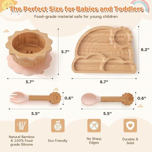 Bamboo Suction Plates Bowls Set for Baby Toddler - Includes Bamboo Bowl, Divided Plate, Silicone Fork & Spoon, All-Natural Baby Feeding Set for Baby-Led Weaning in Kuwait