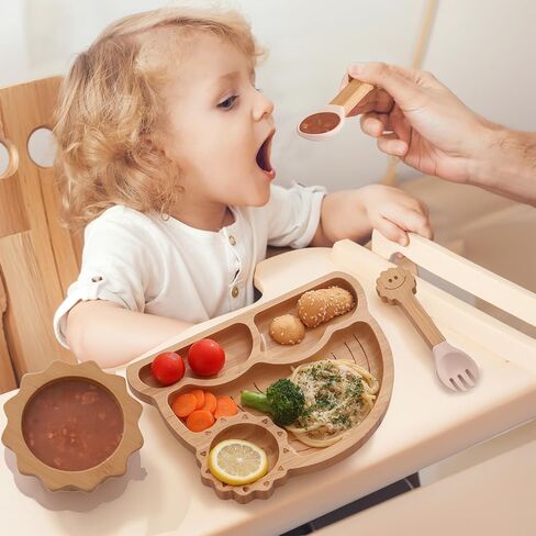 Bamboo Suction Plates Bowls Set for Baby Toddler - Includes Bamboo Bowl, Divided Plate, Silicone Fork & Spoon, All-Natural Baby Feeding Set for Baby-Led Weaning in Kuwait