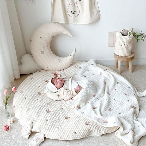 Nursery Kids Rug Crawling Mats Childrens Floor Area Rugs 100% Cotton Baby Crawling Mat Round Infants School Carpet Decor, 33.5" Round in Kuwait