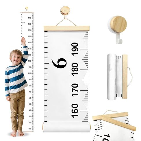 Growth Chart for Wall - Kids Height Measurement 21x195cm Canvas Decor with 1 Hook Wooden Roller for Boys & Girls Wall Decor in Kuwait
