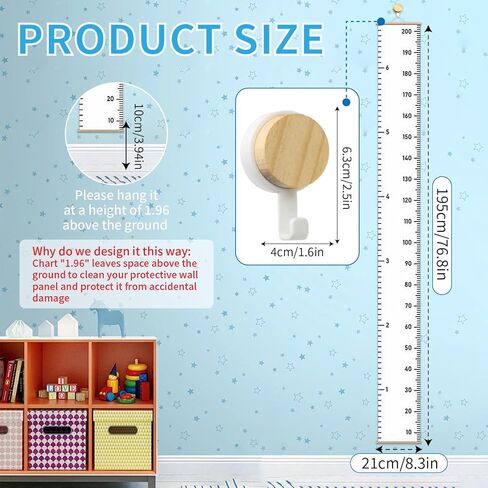 Growth Chart for Wall - Kids Height Measurement 21x195cm Canvas Decor with 1 Hook Wooden Roller for Boys & Girls Wall Decor in Kuwait