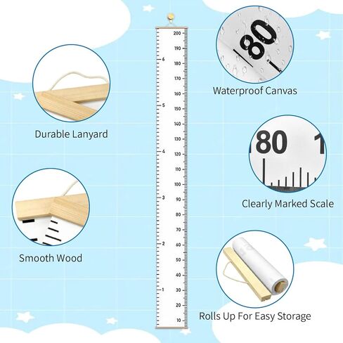 Growth Chart for Wall - Kids Height Measurement 21x195cm Canvas Decor with 1 Hook Wooden Roller for Boys & Girls Wall Decor in Kuwait