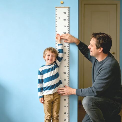 Growth Chart for Wall - Kids Height Measurement 21x195cm Canvas Decor with 1 Hook Wooden Roller for Boys & Girls Wall Decor in Kuwait