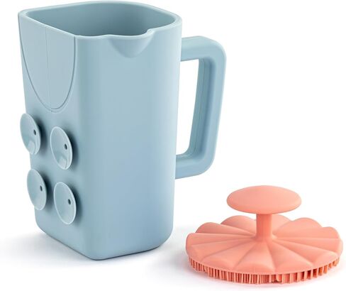 DEMDACO Love to Play Collection Baby Bath Rinse Cup and Silicone Scalp Scrubber Set - Gentle Hair Washing Aid for Infants & Toddlers Soft Silicone Kids' Brush & Ergonomic Rinse Pitcher, Pink in Kuwait