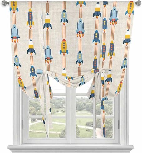 Cartoon Space Shuttle Tie Up Curtains for Kitchen Bedroom Living Room Windows, Spaceship Galaxy Universe Yellow Adjustable Tie-Up Shade Rod Pocket Curtain Valance Drape 1 Panel, 52"x63" in Kuwait