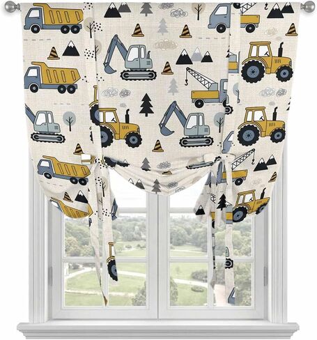 Cartoon Truck Tie Up Curtains for Kitchen Bedroom Living Room Windows, Yellow Grey Car Excavator Tractor Trees Adjustable Tie-Up Shade Rod Pocket Curtain Valance Drape 1 Panel, 42"x45" in Kuwait