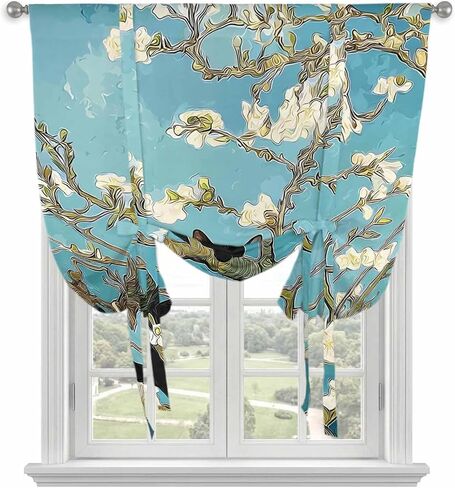 Cartoon Cat Tie Up Curtains for Kitchen Bedroom Living Room Windows, Branches Spring Floral Vintage Art Adjustable Tie-Up Shade Rod Pocket Curtain Valance Drape 1 Panel, 42"x45" in Kuwait