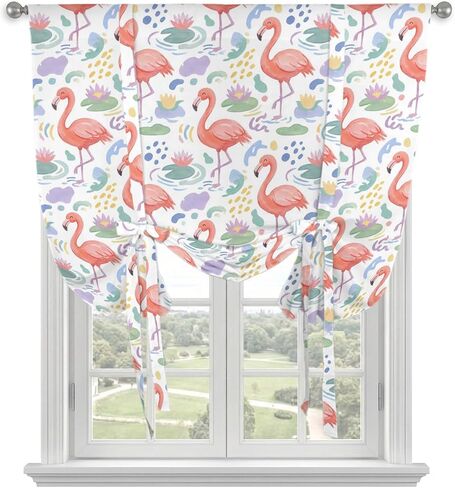 Pink Flamingo Tie Up Curtains for Kitchen Bedroom Living Room Windows, Summer Cartoon Watercolor Tropical Flowers Adjustable Tie-Up Shade Rod Pocket Curtain Valance Drape 1 Panel, 42"x45" in Kuwait