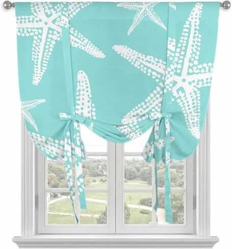 Coastal Starfish Tie Up Curtains for Kitchen Bedroom Living Room Windows, Aqua Nautical Minimalist Beach Cartoon Adjustable Tie-Up Shade Rod Pocket Curtain Valance Drape 1 Panel, 52"x63" in Kuwait