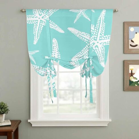 Coastal Starfish Tie Up Curtains for Kitchen Bedroom Living Room Windows, Aqua Nautical Minimalist Beach Cartoon Adjustable Tie-Up Shade Rod Pocket Curtain Valance Drape 1 Panel, 52"x63" in Kuwait