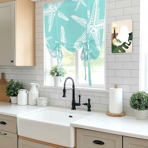 Coastal Starfish Tie Up Curtains for Kitchen Bedroom Living Room Windows, Aqua Nautical Minimalist Beach Cartoon Adjustable Tie-Up Shade Rod Pocket Curtain Valance Drape 1 Panel, 52"x63" in Kuwait