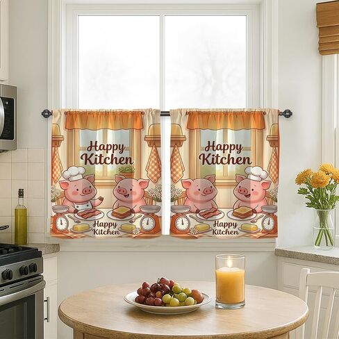 Pigs Kitchen Curtains, Fanciful Cartoon Chef Flower None Orange Short Valance Curtain for Laundry Room Sink Area Hallway Apartment Window Decor 18x52 Inch in Kuwait