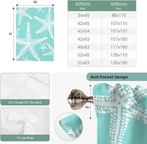 Coastal Starfish Tie Up Curtains for Kitchen Bedroom Living Room Windows, Aqua Nautical Minimalist Beach Cartoon Adjustable Tie-Up Shade Rod Pocket Curtain Valance Drape 1 Panel, 52"x63" in Kuwait