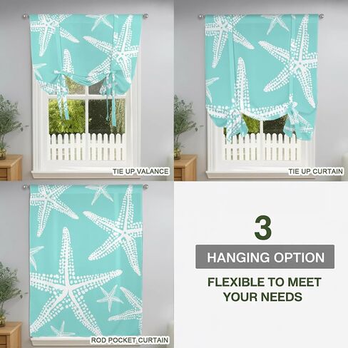 Coastal Starfish Tie Up Curtains for Kitchen Bedroom Living Room Windows, Aqua Nautical Minimalist Beach Cartoon Adjustable Tie-Up Shade Rod Pocket Curtain Valance Drape 1 Panel, 52"x63" in Kuwait