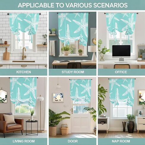 Coastal Starfish Tie Up Curtains for Kitchen Bedroom Living Room Windows, Aqua Nautical Minimalist Beach Cartoon Adjustable Tie-Up Shade Rod Pocket Curtain Valance Drape 1 Panel, 52"x63" in Kuwait