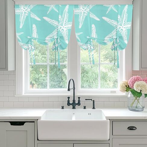Coastal Starfish Tie Up Curtains for Kitchen Bedroom Living Room Windows, Aqua Nautical Minimalist Beach Cartoon Adjustable Tie-Up Shade Rod Pocket Curtain Valance Drape 1 Panel, 52"x63" in Kuwait