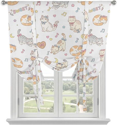 Cartoon Cats Tie Up Curtains for Kitchen Bedroom Living Room Windows, Cute Animals Music Love Heart Adjustable Tie-Up Shade Rod Pocket Curtain Valance Drape 1 Panel, 34"x45" in Kuwait