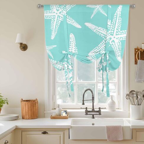 Coastal Starfish Tie Up Curtains for Kitchen Bedroom Living Room Windows, Aqua Nautical Minimalist Beach Cartoon Adjustable Tie-Up Shade Rod Pocket Curtain Valance Drape 1 Panel, 52"x63" in Kuwait