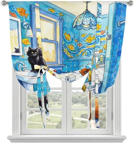 Cartoon Animals Tie Up Curtains for Kitchen Bedroom Living Room Windows, Funny Colorful Dogs Cat Fish Blue Wall Adjustable Tie-Up Shade Rod Pocket Curtain Valance Drape 1 Panel, 52"x63" in Kuwait