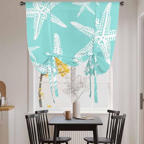 Coastal Starfish Tie Up Curtains for Kitchen Bedroom Living Room Windows, Aqua Nautical Minimalist Beach Cartoon Adjustable Tie-Up Shade Rod Pocket Curtain Valance Drape 1 Panel, 52"x63" in Kuwait