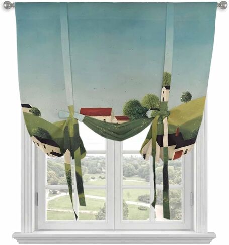 Cartoon Country Tie Up Curtains for Kitchen Bedroom Living Room Windows, Cute Farmhouse Cabins Green Trees Adjustable Tie-Up Shade Rod Pocket Curtain Valance Drape 1 Panel, 52"x63" in Kuwait