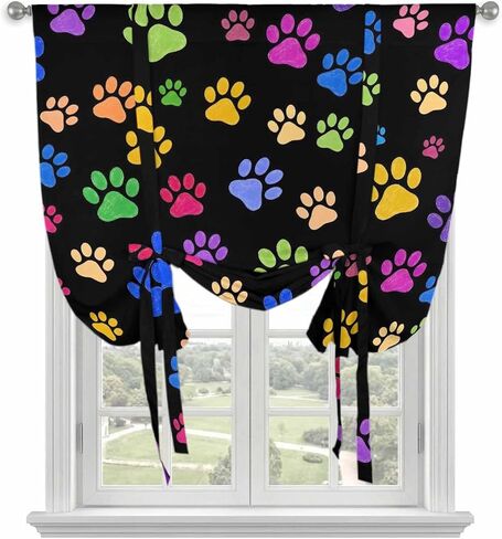 Colorful Paw Print Tie Up Curtains for Kitchen Bedroom Living Room Windows, Minimalist Cartoon Cute Claw Pattern Adjustable Tie-Up Shade Rod Pocket Curtain Valance Drape 1 Panel, 52"x63" in Kuwait