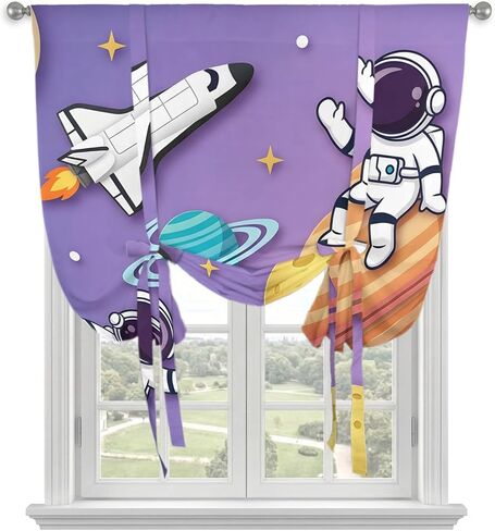 Cartoon Galaxy Tie Up Curtains for Kitchen Bedroom Living Room Windows, Universe Outer Space Stars Purple Adjustable Tie-Up Shade Rod Pocket Curtain Valance Drape 1 Panel, 42"x54" in Kuwait