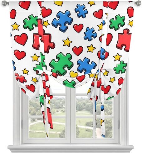 Colorful Cartoon Jigsaw Tie Up Curtains for Kitchen Bedroom Living Room Windows, Red Green Yellow Heart Stars Adjustable Tie-Up Shade Rod Pocket Curtain Valance Drape 1 Panel, 52"x63" in Kuwait