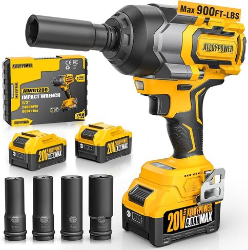 Cordless Impact Wrench, 900Ft-lbs (1200N.m) 1/2" Brushless Impact Gun, 20V High Torque Power Impact Driver, 2x4.0Ah Batteries,Brushless Motor 2400 RPM Variable Speeds for Family Car/Pickup Truck/Mower in Kuwait