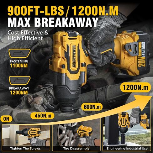 Cordless Impact Wrench, 900Ft-lbs (1200N.m) 1/2" Brushless Impact Gun, 20V High Torque Power Impact Driver, 2x4.0Ah Batteries,Brushless Motor 2400 RPM Variable Speeds for Family Car/Pickup Truck/Mower in Kuwait