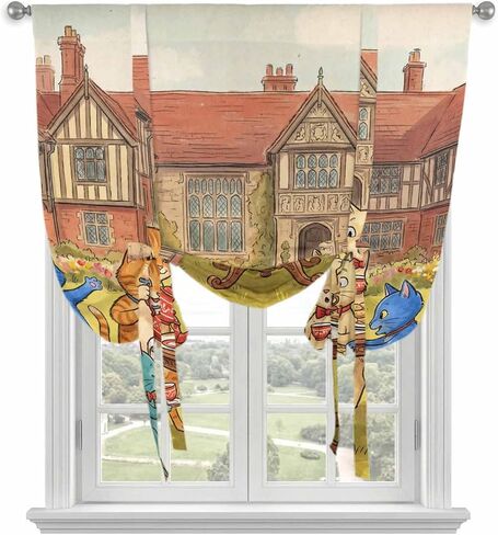 Cats Tea Party Tie Up Curtains for Kitchen Bedroom Living Room Windows, Vintage Cartoon Funny Animals Adjustable Tie-Up Shade Rod Pocket Curtain Valance Drape 1 Panel, 52"x45" in Kuwait
