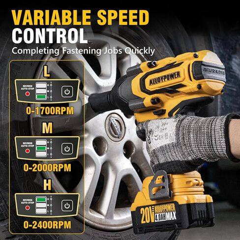 Cordless Impact Wrench, 900Ft-lbs (1200N.m) 1/2" Brushless Impact Gun, 20V High Torque Power Impact Driver, 2x4.0Ah Batteries,Brushless Motor 2400 RPM Variable Speeds for Family Car/Pickup Truck/Mower in Kuwait