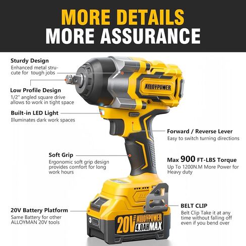 Cordless Impact Wrench, 900Ft-lbs (1200N.m) 1/2" Brushless Impact Gun, 20V High Torque Power Impact Driver, 2x4.0Ah Batteries,Brushless Motor 2400 RPM Variable Speeds for Family Car/Pickup Truck/Mower in Kuwait