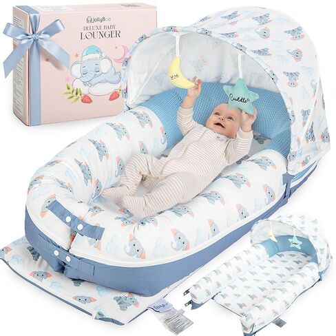 Deluxe Infant Support Cushion 0-24 Months - 70% Rayon Derived from Bamboo 30% Cotton Machine-Washable Cover, Foldable Sunshade, Baby Lounger for Newborn with Breathable Mesh (Blue Elephant) in Kuwait