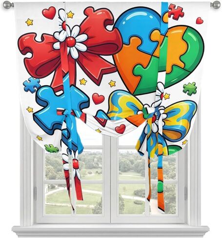 Cartoon Jigsaw Tie Up Curtains for Kitchen Bedroom Living Room Windows, Colorful Bows Hearts Daisy Flowers Adjustable Tie-Up Shade Rod Pocket Curtain Valance Drape 1 Panel, 42"x45" in Kuwait
