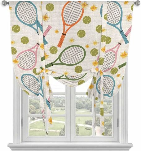 Tennis Sports Tie Up Curtains for Kitchen Bedroom Living Room Windows, Cartoon Sage Green Flowers Ball Theme Adjustable Tie-Up Shade Rod Pocket Curtain Valance Drape 1 Panel, 34"x45" in Kuwait