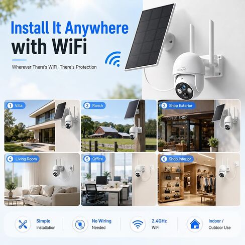 2K Solar Security Cameras Wireless Outdoor, 2.4Ghz WiFi Battery Camera, 355° View Pan/Tilt Solar Camera with 2-Way Audio, PIR Alarm, Color Night Vision, IP65 Waterproof, Cloud & SD Storage in Kuwait