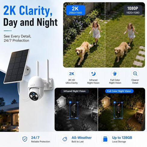 2K Solar Security Cameras Wireless Outdoor, 2.4Ghz WiFi Battery Camera, 355° View Pan/Tilt Solar Camera with 2-Way Audio, PIR Alarm, Color Night Vision, IP65 Waterproof, Cloud & SD Storage in Kuwait