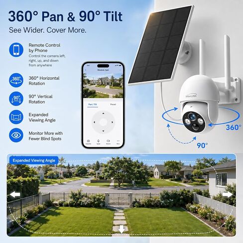2K Solar Security Cameras Wireless Outdoor, 2.4Ghz WiFi Battery Camera, 355° View Pan/Tilt Solar Camera with 2-Way Audio, PIR Alarm, Color Night Vision, IP65 Waterproof, Cloud & SD Storage in Kuwait