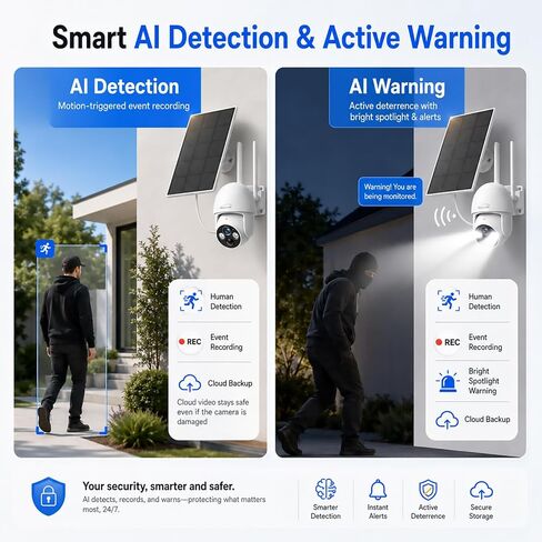 2K Solar Security Cameras Wireless Outdoor, 2.4Ghz WiFi Battery Camera, 355° View Pan/Tilt Solar Camera with 2-Way Audio, PIR Alarm, Color Night Vision, IP65 Waterproof, Cloud & SD Storage in Kuwait