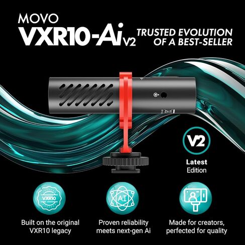 Movo VXR10-AI v2 Shotgun Microphone with AI Noise Cancellation - Camera Microphone for DSLR, Smartphone & Computer - Supercardioid On-Camera Mic with 3.5mm & USB-C Cables - Latest Version in Kuwait