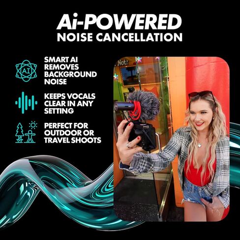 Movo VXR10-AI v2 Shotgun Microphone with AI Noise Cancellation - Camera Microphone for DSLR, Smartphone & Computer - Supercardioid On-Camera Mic with 3.5mm & USB-C Cables - Latest Version in Kuwait