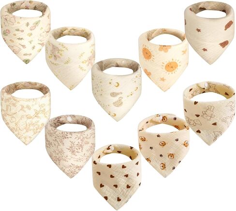 10pcs Soft & Absorbent Muslin Drool Bibs with Snap Closure, Cotton Bibs for Boys & Girls, Gentle on Skin in Kuwait