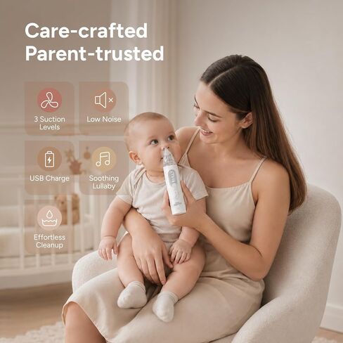 Nasal Aspirator for Baby, Nose Sucker with 3 Suction Level, Music Light | 3 suction modes, 3 BPA-free silicone tips, low 35dB noise, lights and lullabies, detachable design, USB charging in Kuwait